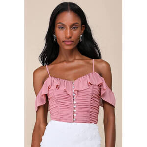 Lulus Elegant Posture Mauve Pink Mesh Ruched Cold-shoulder Bodysuit - Size XL